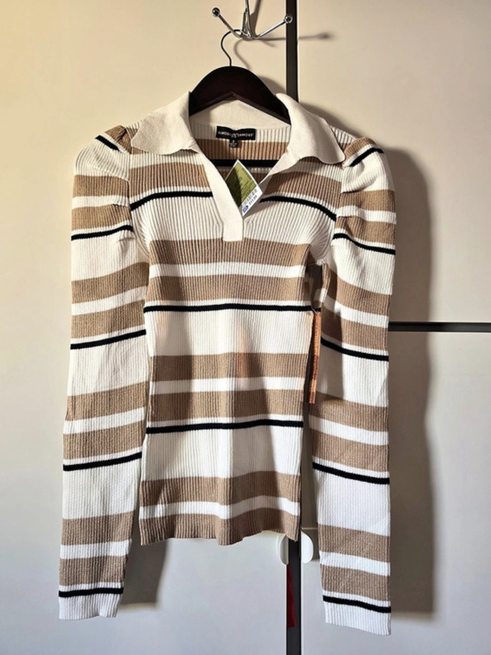 Almost Famous Rib Henley Long Sleeve Polo Shirt in a tan and white
